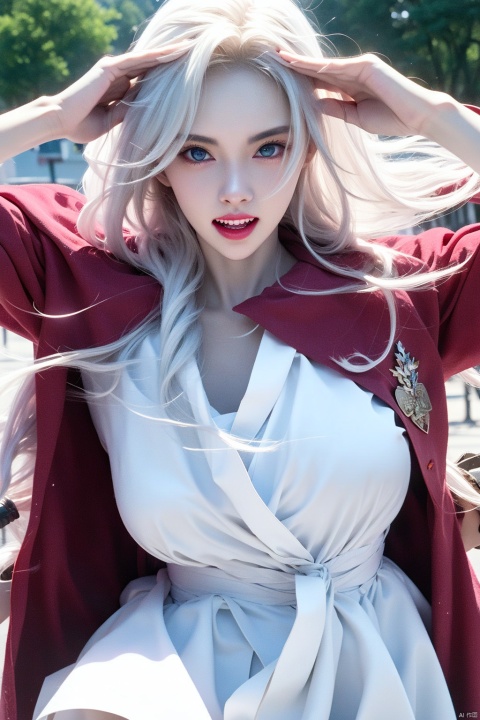  1girl,above thighs,blue eyes,long hair,white hair,pink white skirt,red cloak,make up,red lips,lipstick,huge breasts,pale skin,glamor,blush visble through hair,detail face,fangs,canine teeth,fang out,salute,look at viewer,labcoat,bar,