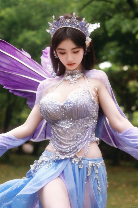  1girl,Metal wings,Fairy, crystal,jewels,dance
, depth of field, cute girl,gigantic_breasts,moyou