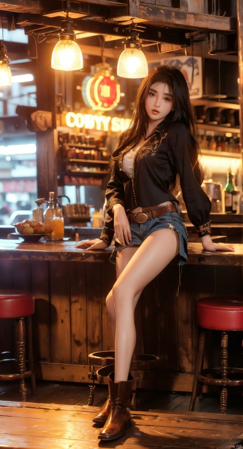  (upper thighs shot:1.3), (cowboy shot:1.3),1girl,solo,long hair,depth of field,blurry background,bar (place),neon lights,fanhuaZ,,(full body:1.1),, (high quality), best quality, (4k), 8k, super detailed, (full detail), (masterpiece), (realistic), super detailed,(Exquisite details) ,intricate,