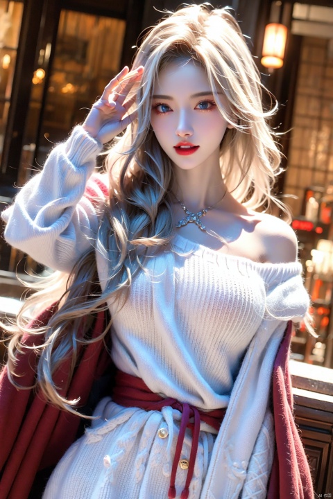  1girl,above thighs,blue eyes,long hair,white hair,off-shoulder_sweater,pink white sweater,red cloak,make up,red lips,lipstick,huge breasts,pale skin,glamor,blush visble through hair,detail face,fangs,canine teeth,fang out,salute,look at viewer,labcoat,bar, jujingyi