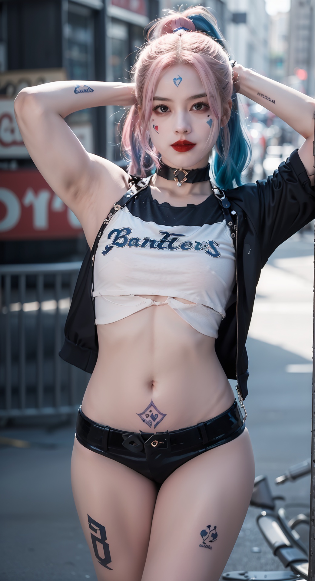  1girl,black choker,half of the hair is pink and half is blue,full_body, looking at viewer, arm tattoo,red lips, midriff, giant_breasts, makeup,R3D4NDBLU3,long hair, blush,Facial tattoos,Facial graffiti, embarrassed , dynamic pose on the street,MARG0TH4RL3Y, R3D4NDBLU3,MARG0TH4RL3Y,Harley_sucidesquad