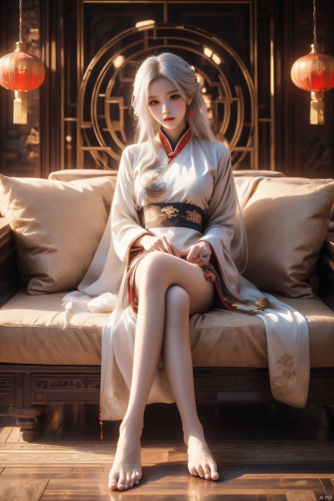  A girl, full-body photo, indoor, Hanfu, long hair fluttering, classical beauty, Chinese style.,Long legs,Show long legs,Golden Hanfu, bright and shining,((white hair)),((Bare legs)),((barefoot)),((Solid color background)),Xiangyun, China Cloud, Ink scattering_Chinese style, Dragon and girl, dan ding he