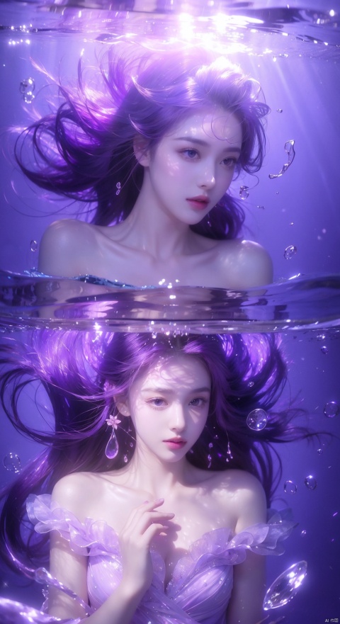  1 girl,(Purple light effect),hair ornament,jewelry,looking at viewer,flower,floating hair,water,underwater,air bubble,submerged

, forehead mark