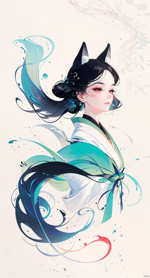  The highest quality, extremely detailed, beauty, Wolf girl, black warm Hanfu, evil smile, evil, long hair, black hair, black fox ears on the head, black tail, illusion, fantasy magic, snow, streams and valleys around, China ink painting, elements of calligraphy, delicate face, sharp eyes, clear eyebrows, kind expression, flying hair, etc.