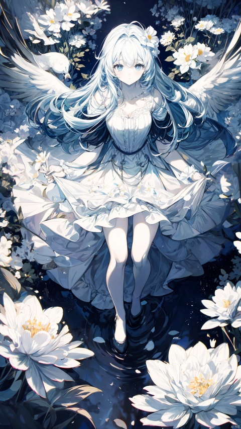  (official art, 8k wallpaper, ultra detailed, High quality, best quality),white flowers ,1girl,from above,bird's-eye_view,vintage filter,among flowers, backlight,limited_palette,white,field s of flowers
