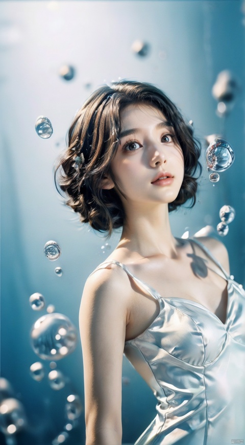  (1girl:1.2),stars in the eyes,(pure girl:1.1),(white dress:1.1),(full body:0.6),There are many scattered luminous petals,bubble,contour deepening,(white_background:1.1),cinematic angle,,underwater,adhesion,green long upper shan, ((poakl)), 1girl