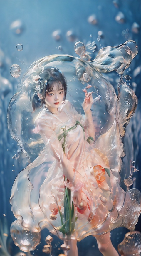  (1girl:1.2),stars in the eyes,(pure girl:1.1),(white dress:1.1),(full body:0.6),There are many scattered luminous petals,bubble,contour deepening,(white_background:1.1),cinematic angle,,underwater,adhesion,green long upper shan, ((poakl)), 1girl, liquid clothes, yushui, Detail,汉服