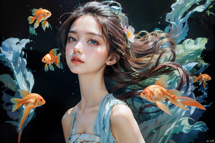  Best quality, masterpiece, photorealistic, 32K uhd, official Art,
1girl, dofas, solo, 
, laojun,(Very detailed CG unified 8k wallpaper, masterpiece, best quality, super detail), (best lighting, best shadows, a very delicate and beautiful one), dynamic Angle, float, fine detail, depth of field (bloom), a girl in Hanfu,汉服（Three goldfish are swimming. The girl is in the water+1.6）