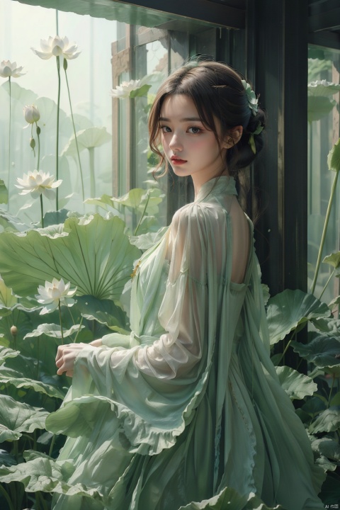  heise jinyao, inspired by Zhang Han, xianxia fantasy, flowing gold robes, (Colorful, colorful hair),inspired by Guan Daosheng, long hair, fantasy art style,,Ink scattering_Chinese style, lotus leaf, 1girl, lvshui-green dress, 1 girl