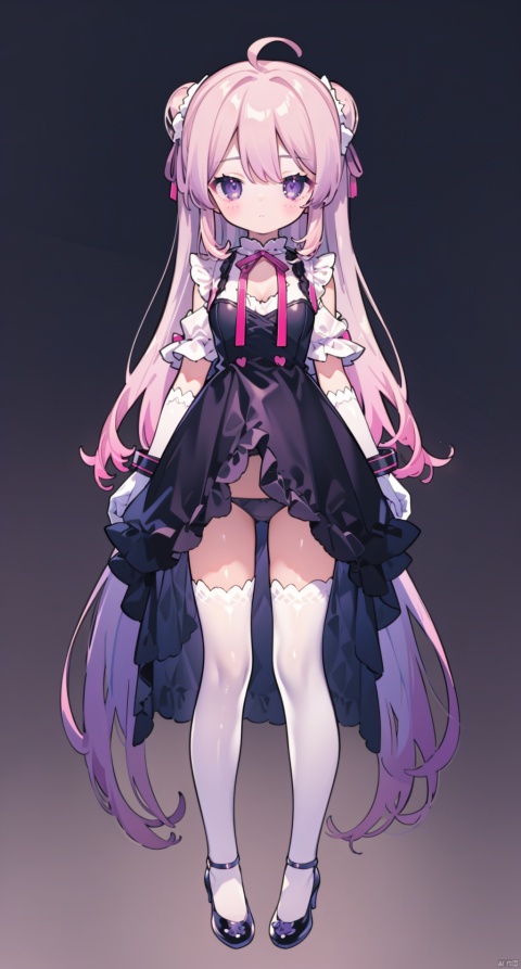  loli,petite,1girl, purple_eyes, bow, breasts, dress, full_body, gloves, gradient, gradient_background, grey_background, hair_bow, long_hair, breasts, panties, pink_bow, ribbon, solo, standing, thighhighs, underwear, very_long_hair, black_dress,