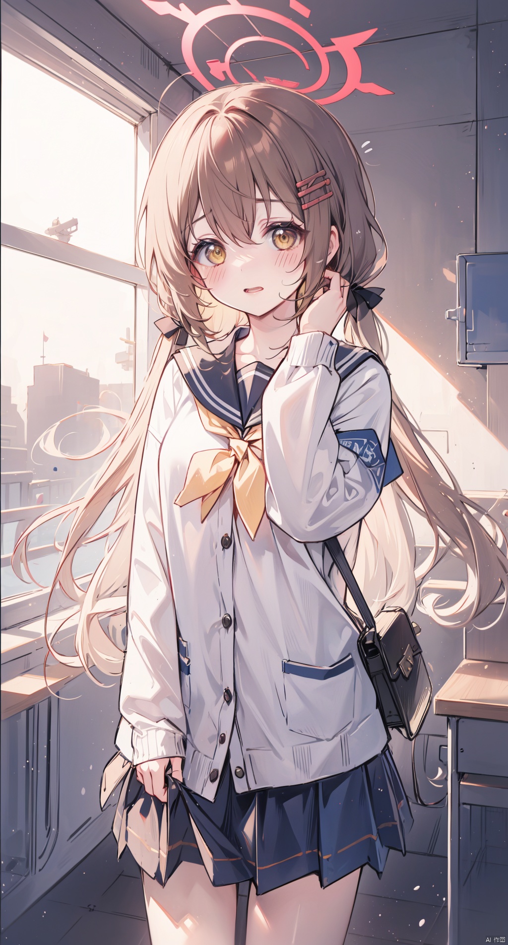  (best quality),(masterpiece),1girl, hifumi \(blue archive\), bag, twintails, yellow eyes, solo, open mouth, halo, long hair, blush, school uniform, low twintails, white cardigan, skirt, looking at viewer, hair between eyes, light brown hair, pleated skirt, flying sweatdrops, bangs, dated, long sleeves, wing hair ornament, sailor collar, white bag, hair ornament