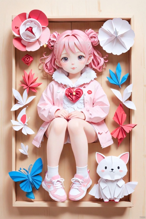  1girl,the character has pink hair with two large pink buns,wearing a white top with a pink fluffy collar,a pink jacket with white fur lining,pink knee-high socks,and pink sneakers with a white design she is sitting on a wooden surface,surrounded by three small pink plush toys,one of which has a red heart on its chest . origami style, paper art,pleated paper,folded,origami art,pleats,cut and fold,centered composition
