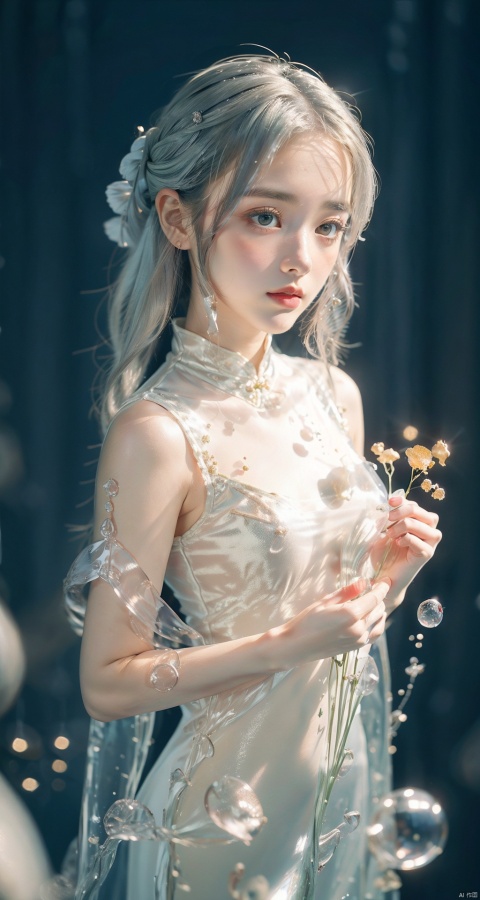  (1girl:1.2),stars in the eyes,(pure girl:1.1),(white dress:1.1),(full body:0.6),There are many scattered luminous petals,bubble,contour deepening,(white_background:1.1),cinematic angle,,underwater,adhesion,green long upper shan, ((poakl)), 1girl, liquid clothes, yushui,Detail,汉服1 Girl, upper body, ((green, silver, shimmer)), limited color palette, contrast, amazing aesthetics, best quality, gorgeous artwork, (Masterpiece), (best quality), (Super detail), (illustration), (extremely delicate and beautiful), (Detail light), 1 girl, cold theme, broken glass, broken wall, (Row of stars), (starry sky), Milky Way, stars, Reflecting starry sky water, water color theme, white hair, flicker, white dress, shut up, oil painting art, All glass ball, girl in glass ball, white hair, flicker, bust, sculpture, floating, shut up, constellation, flat color, Male focus, Long hair, solo, Space, Universe, utaite(singer), Nebula, multiple stars, Chinese, water medium, 19 year old girl, white stockings, Pink machinery, Middle Road, Tianmen, Daofa Rune, Hanfu, Chinese clothing, Vitality plan, Mo You, sd_mai, Flowers, details, more details, ultra clear 8K, liuyifei, fenhong