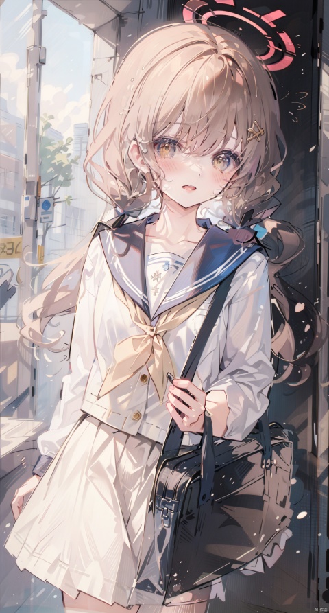  (best quality),(masterpiece),1girl, hifumi \(blue archive\), bag, twintails, yellow eyes, solo, open mouth, halo, long hair, blush, school uniform, low twintails, white cardigan, skirt, looking at viewer, hair between eyes, light brown hair, pleated skirt, flying sweatdrops, bangs, dated, long sleeves, wing hair ornament, sailor collar, white bag, hair ornament