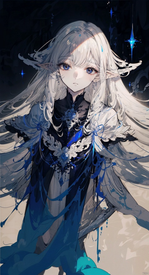  cropped background, cropped torso (sketch:1.3), 1girl, solo, elf, black eyes, (white hair), black gradient hair, (long hair), floating hair, robe, capelet, long sleeves, skull, (upper body), (fatigue), empty eyes, light frow, shaded face,