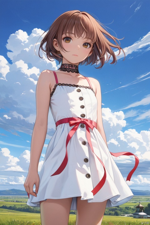  (best quality), ((masterpiece)), (highres), illustration, original, extremely detailed,1girl, solo, dress, brown hair, white dress, cloud, looking at viewer, outdoors, sky, short hair, day, cowboy shot, ribbon, standing, brown eyes, blue sky, red ribbon, bare shoulders, choker, sleeveless dress, closed mouth, sleeveless, bangs, cloudy sky, pink ribbon, flat chest, buttons, short dress, wind