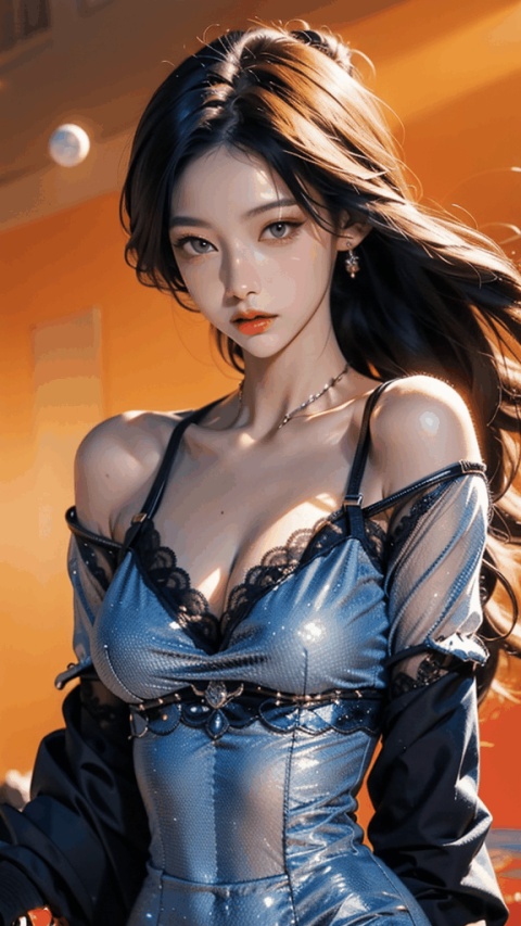  zhongfenghua,Upper body,1girl,moon,Cleavage,esoteric,depth of field, (floating colorful sparkles), (dynamic pose),elegant, a brutalist designed, vivid colours, romanticism, Samoan pond,Fall, expressive brush strokes, 1girl, huge_breasts,