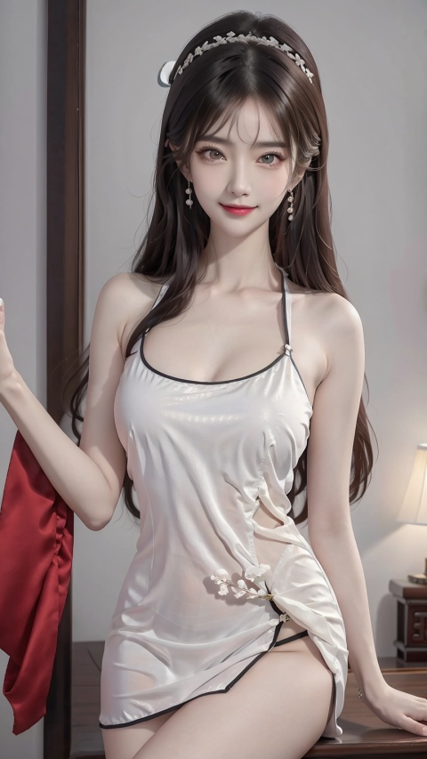  RAW, 1girl, solo, colorful, (masterpiece, best quality:1.3), (absurdres:1.3),
(pureerosface_v1:1.2), (ulzzang-6500:0.4),(detailed skin:1.3, detailed face:1.3), (realistic:1.2), waving,
(Chinese beauty, Chinese mixed:1.3), (mature female:1.2),
(big breast:1.2), (thick thighs:1.3),( narrow :1.2),Headgear, looking at viewer, blush, light smile,hands behand back,
(shiny skin:1.1),(big_eyes:1.3), brown eyes, makeup,
, pearl earrings,chinese underwear,long hair, 1girl, mature female, looking at viewer, black hair,long hair,((underwear)),jewelry, white clothes , chinese clothes , china dress,hand101, chinese clothes,camisole,Blue, wangyushan