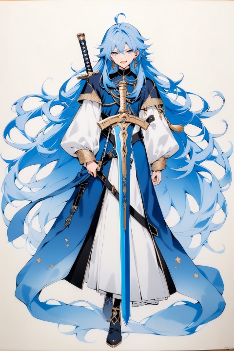 (full body), nai3, solo, artstyle,best quality,amazing quality,very aesthetic,absurdres,traditional media solo, looking at viewer,
solo, long hair, looking at viewer, smile, open mouth, long sleeves, 1boy, holding, jewelry, very long hair, blue hair, weapon, ahoge, male focus, earrings, sword, holding weapon, holding sword