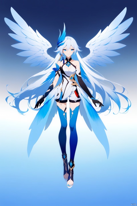  [[fu hua (phoenix)(honkai impact 3rd)]], nai3, 1girl, solo, artstyle,
1girl, solo, long hair, looking at viewer, blue eyes, white background, dress, hair between eyes, bare shoulders, very long hair, closed mouth, blue hair, full body, white hair, multicolored hair, wings, shorts, two-tone hair, gradient, gradient background, feathered wings, toenails, blue thighhighs, blue wings