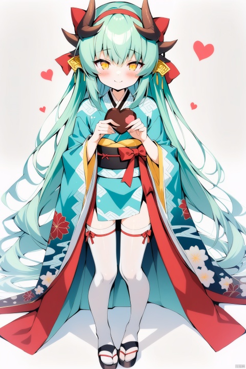 (full body), nai3, solo, artstyle,best quality,amazing quality,very aesthetic,absurdres,traditional media solo, looking at viewer,
1girl, solo, long hair, looking at viewer, blush, smile, bangs, long sleeves, bow, ribbon, holding, hair between eyes, very long hair, closed mouth, yellow eyes, hair bow, heart, cowboy shot, hairband, japanese clothes, green hair, horns, wide sleeves, kimono, red bow, white thighhighs, red ribbon, sash, aqua hair, obi, box, dragon horns, chocolate, valentine, kiyohime \(fate\)