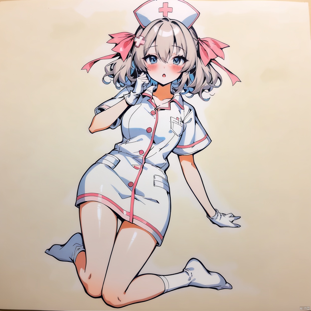 (full body), nai3, solo, artstyle,best quality,amazing quality,very aesthetic,absurdres,traditional media solo, looking at viewer,
 1girl,solo,looking at viewer,blush,open mouth,nurse cap,short sleeves,nurse,ribbon,hair ribbon,hair between eyes,
