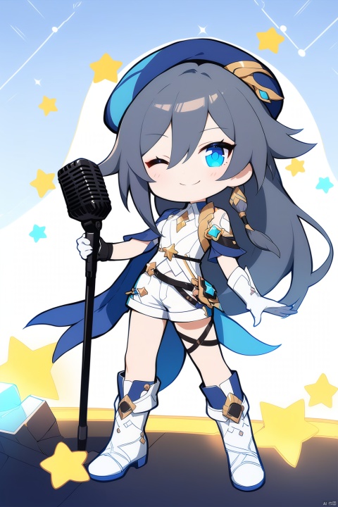  [[fu hua (phoenix)(honkai impact 3rd)]], nai3, 1girl, solo, artstyle,
1girl, solo, long hair, looking at viewer, smile, bangs, blue eyes, shirt, black hair, gloves, hat, holding, hair between eyes, closed mouth, full body, ponytail, boots, one eye closed, shorts, white gloves, chibi, star \(symbol\), beret, white footwear, microphone, blue headwear, ;\), holding microphone, microphone stand, fu hua