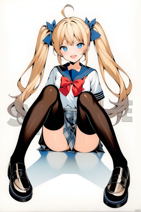 (full body), nai3, solo, artstyle,best quality,amazing quality,very aesthetic,absurdres,traditional media solo, looking at viewer,
long hair, looking at viewer, smile, open mouth, blue eyes, multiple girls, skirt, blonde hair, thighhighs, white background, bow, 2girls, twintails, sitting, school uniform, ahoge, hair bow, grey hair, shoes, serafuku, socks, sample watermark