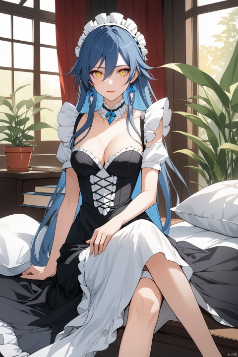 [[fu hua(honkai impact 3rd)]], nai3, 1girl, solo, artstyle,best quality,amazing quality,very aesthetic,absurdres,traditional media,female focus, 
1girl, solo, long hair, breasts, looking at viewer, bangs, blue eyes, dress, holding, cleavage, hair between eyes, sitting, very long hair, blue hair, full body, yellow eyes, frills, shorts, barefoot, indoors, official alternate costume, pillow, book, maid, maid headdress, heterochromia, plant, potted plant