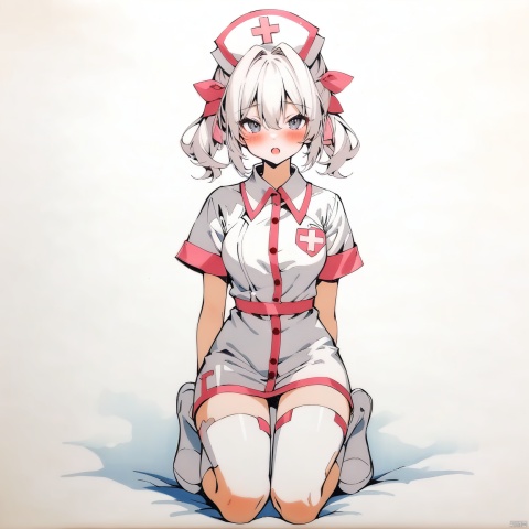 (full body), nai3, solo, artstyle,best quality,amazing quality,very aesthetic,absurdres,traditional media solo, looking at viewer,
 1girl,solo,looking at viewer,blush,open mouth,nurse cap,short sleeves,nurse,ribbon,hair ribbon,hair between eyes,
