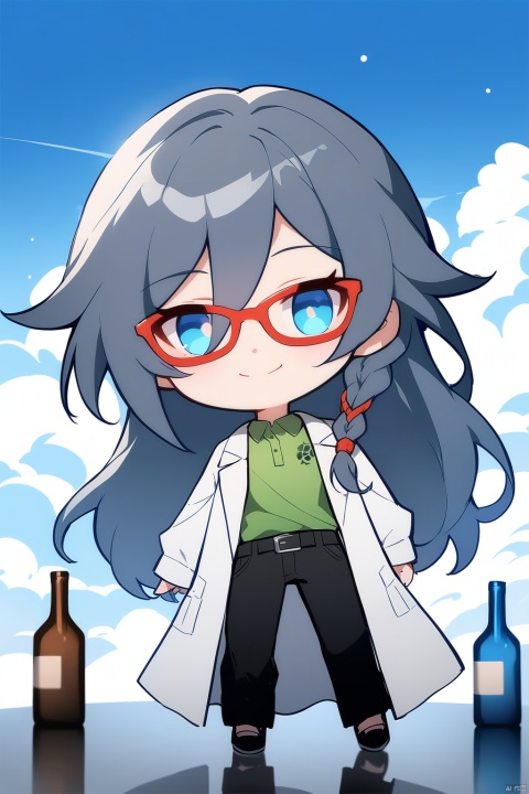  [[fu hua (phoenix)(honkai impact 3rd)]], nai3, 1girl, solo, artstyle,
1girl, solo, long hair, looking at viewer, smile, bangs, blue eyes, shirt, black hair, hair ornament, long sleeves, hair between eyes, closed mouth, full body, braid, glasses, pants, cloud, chibi, coat, black pants, cloudy sky, bottle, green shirt, labcoat, white coat, polo shirt, fu hua