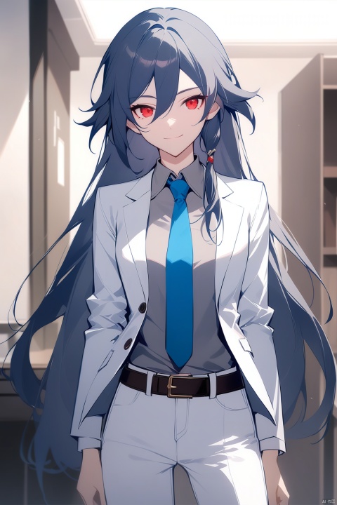  [[fu hua (phoenix)(honkai impact 3rd)]], nai3, 1girl, solo, artstyle,
1girl, solo, long hair, looking at viewer, smile, bangs, shirt, black hair, hair ornament, red eyes, long sleeves, hair between eyes, closed mouth, jacket, necktie, belt, pants, indoors, white jacket, grey shirt, blue necktie, white pants, polo shirt, fu hua