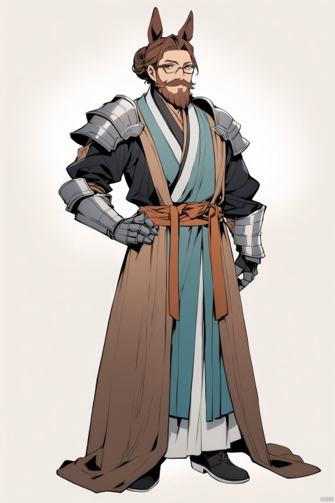 (full body), nai3, solo, artstyle,best quality,amazing quality,very aesthetic,absurdres,traditional media solo, looking at viewer,
,horse tail, full body,boots, male focus,beard, mustache,((( horse ears, brown eyes,hanfu,slightly fat, glasses,shoulder armor,gauntlets,))),30y.o.solo,hair bun