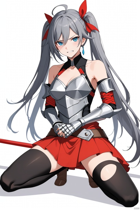 [[fu hua(honkai impact 3rd)]], nai3, 1girl, solo, artstyle,best quality,amazing quality,very aesthetic,absurdres,traditional media,female focus, 
1girl, solo, long hair,  looking at viewer,angry, simple background, thighhighs, white background, bow, ribbon, sitting, blue eyes, hair ribbon, short sleeves, hair bow, frills, grey hair, puffy sleeves, black thighhighs, red ribbon, puffy short sleeves, torn clothes, wariza, arms behind back, bound, bdsm, bondage, bound arms, front ponytail,teeth,base leg,crying_with_eyes_open
1girl, solo, breasts, looking at viewer, bangs, blue eyes, skirt, hair ornament, thighhighs, gloves, navel, holding, cleavage, bare shoulders, twintails, medium breasts, standing, full body, weapon, ahoge, red hair, pleated skirt, boots, midriff, belt, black thighhighs, miniskirt, fingerless gloves, armpits, cape, holding weapon, armor, red skirt, standing on one leg, polearm, gauntlets, breastplate, lance