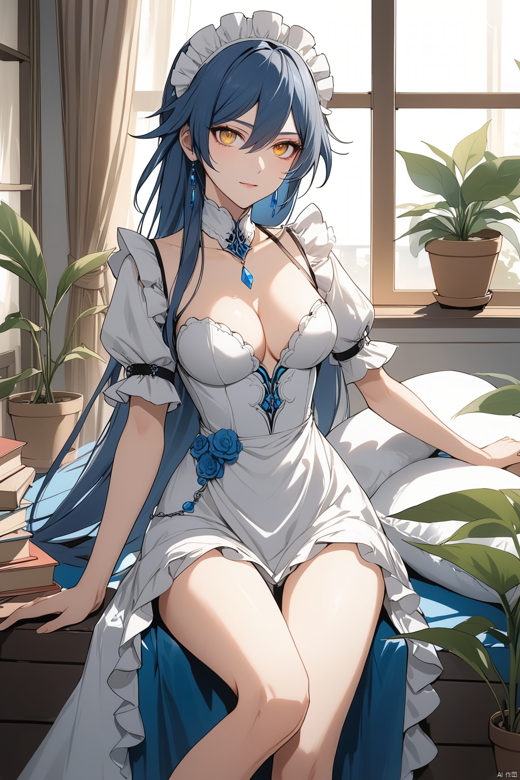 [[fu hua(honkai impact 3rd)]], nai3, 1girl, solo, artstyle,best quality,amazing quality,very aesthetic,absurdres,traditional media,female focus, 
1girl, solo, long hair, breasts, looking at viewer, bangs, blue eyes, dress, holding, cleavage, hair between eyes, sitting, very long hair, blue hair, full body, yellow eyes, frills, shorts, barefoot, indoors, official alternate costume, pillow, book, maid, maid headdress, heterochromia, plant, potted plant