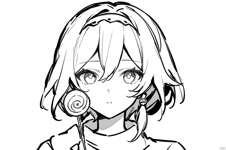  [[fu hua (phoenix)(honkai impact 3rd)]], nai3, 1girl, solo, artstyle,
1girl, solo, short hair, simple background, white background, monochrome, hairband, food, candy, lollipop, swirl lollipop