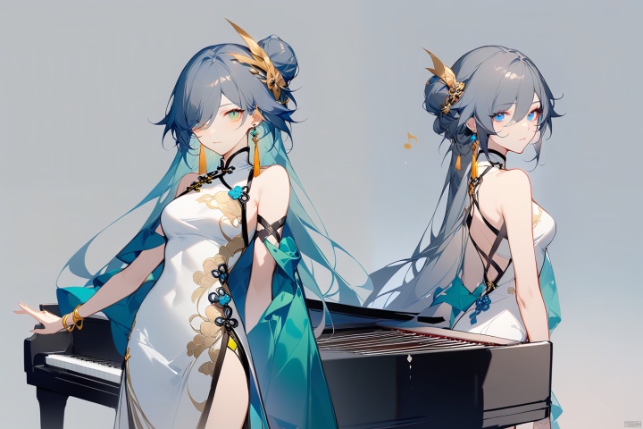  [[fu hua (phoenix)(honkai impact 3rd)]],nai3,1girl,solo,blue eyes
{artist:ask(askzy)}, 
(Multiple views)
1girl, solo, long hair, breasts, looking at viewer, bangs, blue eyes, hair ornament, dress, holding, bare shoulders, jewelry, closed mouth, green eyes, standing, grey hair, earrings, sleeveless, hair bun, white dress, hair over one eye, chinese clothes, instrument, musical note, china dress, music, piano