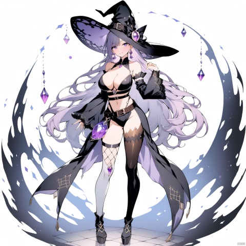 (full body), nai3, solo, artstyle,best quality,amazing quality,very aesthetic,absurdres,traditional media solo, looking at viewer,
1girl, solo, long hair, breasts, smile, large breasts, thighhighs, hat, navel, cleavage, bare shoulders, jewelry, very long hair, standing, purple eyes, earrings, detached sleeves, belt, witch hat, gem, asymmetrical legwear, center opening, witch