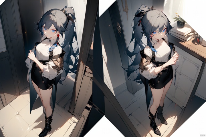  [[fu hua (phoenix)(honkai impact 3rd)]], nai3, 1girl, solo, blue eyes
{artist:ask(askzy)}, (Multiple views)
, (masterpiece)
1girl, solo, long hair, looking at viewer, blue eyes, standing, full body, ponytail, grey hair, boots, indoors, black footwear, from above