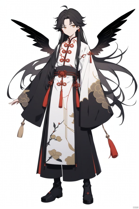 (full body), nai3, solo, artstyle,
solo, long hair, looking at viewer, simple background, black hair, long sleeves, 1boy, white background, closed mouth, standing, full body, flower, male focus, wings, wide sleeves, black footwear, chinese clothes, tassel, branch