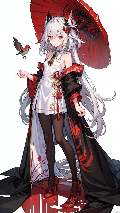  fuhua,1girl,long hair,solo,bird,white hair,dress,looking at viewer,breasts,pantyhose,small breasts,white dress,bangs,bare shoulders,black pantyhose,china dress,sleeveless,red footwear,multicolored hair,feathers,,