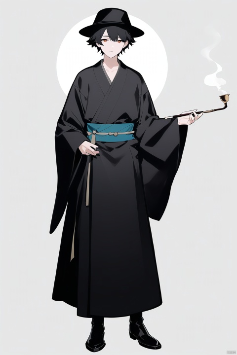 (full body), nai3, solo, artstyle,
solo, looking at viewer, short hair, black hair, long sleeves, 1boy, hat, white background, holding, standing, full body, male focus, wide sleeves, black footwear, sash, black headwear, moon, smoke, robe, smoking pipe, holding smoking pipe, hanfu