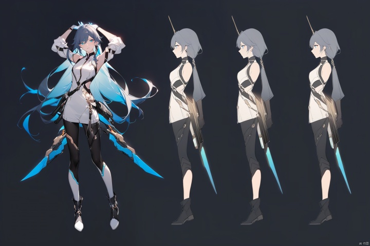  [[fu hua (phoenix)(honkai impact 3rd)]], nai3, 1girl, solo, blue eyes
{artist:ask(askzy)}, (Multiple views)
solo, gloves,  standing, full body, weapon, boots, sword, arms up, gun,, zipper, science fiction