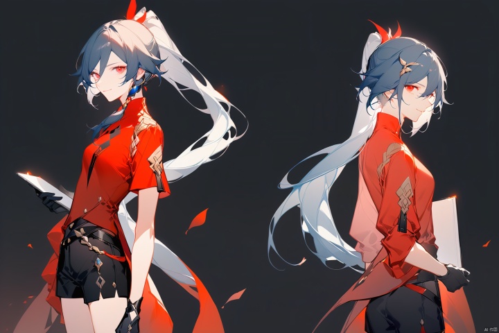 [[fu hua (phoenix)(honkai impact 3rd)]], nai3, 1girl, solo, blue eyes
{artist:ask(askzy)}, (Multiple views)
1girl, solo, long hair, looking at viewer, smile, bangs, black hair, hair ornament, red eyes, gloves, holding, hair between eyes, closed mouth, jacket, ponytail, short sleeves, shorts, black gloves, black background, red shirt, red jacket, fu hua