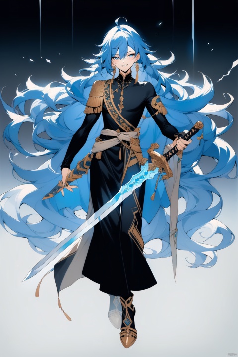 (full body), nai3, solo, artstyle,best quality,amazing quality,very aesthetic,absurdres,traditional media solo, looking at viewer,
solo, long hair, looking at viewer, smile, open mouth, long sleeves, 1boy, holding, jewelry, very long hair, blue hair, weapon, ahoge, male focus, earrings, sword, holding weapon, holding sword