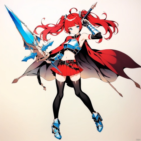 (full body), nai3, solo, artstyle,best quality,amazing quality,very aesthetic,absurdres,traditional media solo, looking at viewer,
1girl, solo, breasts, looking at viewer, bangs, blue eyes, skirt, hair ornament, thighhighs, gloves, navel, holding, cleavage, bare shoulders, twintails, medium breasts, standing, full body, weapon, ahoge, red hair, pleated skirt, boots, midriff, belt, black thighhighs, miniskirt, fingerless gloves, armpits, cape, holding weapon, armor, red skirt, standing on one leg, polearm, gauntlets, breastplate, lance