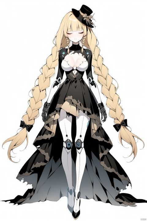 (full body), nai3, solo, artstyle,best quality,amazing quality,very aesthetic,absurdres,traditional media solo, looking at viewer,
1girl, solo, long hair, breasts, bangs, blonde hair, hat, white background, dress, bow, very long hair, closed eyes, braid, twin braids, torn clothes, mini hat, top hat, android, joints, torn dress