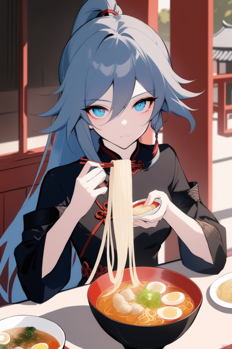  [[fu hua (phoenix)(honkai impact 3rd)]], nai3, 1girl, solo, artstyle,
1girl, long hair, looking at viewer, bangs, blue eyes, black hair, long sleeves, closed mouth, ponytail, food, chinese clothes, table, bowl, noodles, ramen, dumpling, fu hua