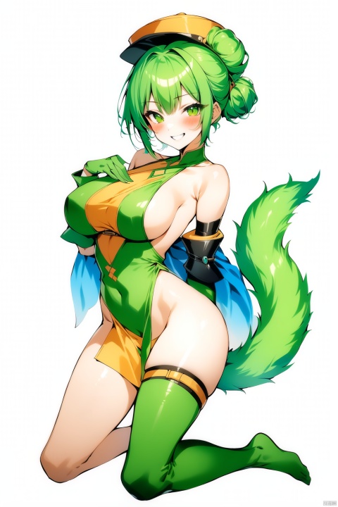 (full body), nai3, solo, artstyle,best quality,amazing quality,very aesthetic,absurdres,traditional media solo, looking at viewer,
1girl, solo, breasts, looking at viewer, blush, smile, short hair, large breasts, simple background, thighhighs, gloves, hat, white background, tail, green hair, hair bun, grin, kneeling, sideboob, single thighhigh