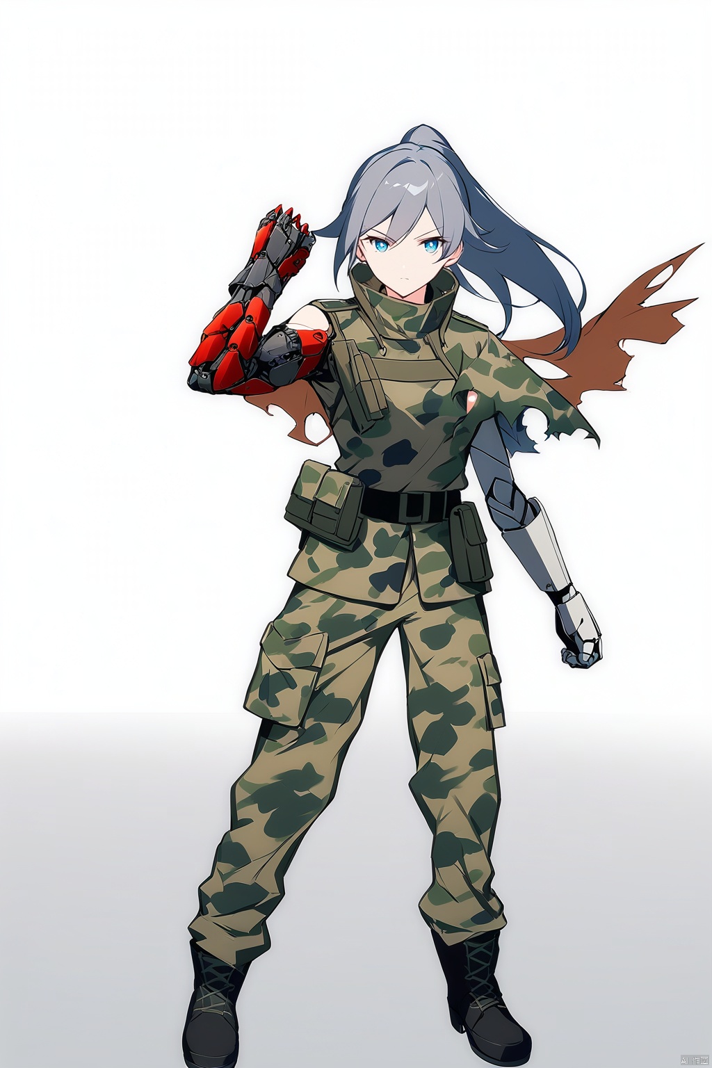  [[fu hua (phoenix)(honkai impact 3rd)]], nai3, 1girl, solo, artstyle,
1girl, solo, long hair, breasts, looking at viewer, bangs, simple background, blue eyes,hair between eyes, closed mouth, standing, full body, ponytail, grey hair, boots, shorts, black gloves, belt, hand up, cape, black boots, high ponytail, single glove,(((( camo military fatigues, torn capelet, mechanical arms, single mechanical arm ,fighting stance))))
 small waist, 